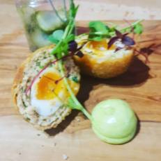 Smoked Salmon Quails Scotch Egg, Dill Emulsion & Pickled Dill Cucumbers